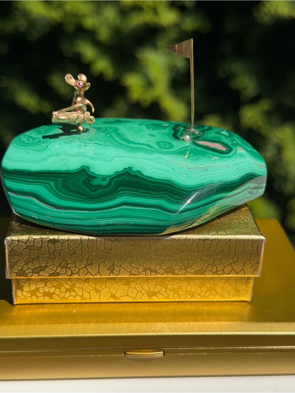 Virginia Yates 14k Gold Mouse with Ruby Eyes  Sculpture with Malachite Base